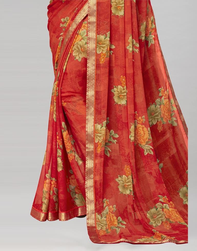 Coral Red Coloured Chiffon Floral Printed Casual saree | Sudathi