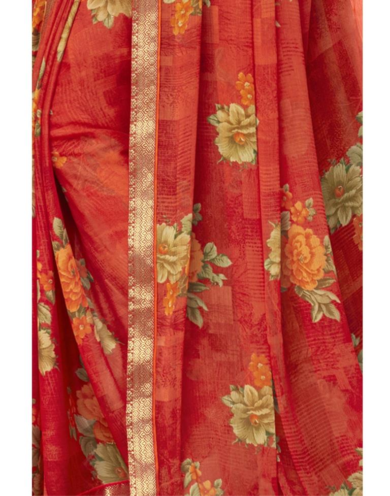 Coral Red Coloured Chiffon Floral Printed Casual saree | Sudathi