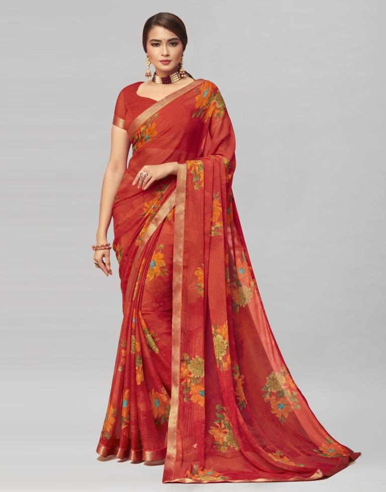 Coral Red Coloured Chiffon Floral Printed Casual saree | Sudathi