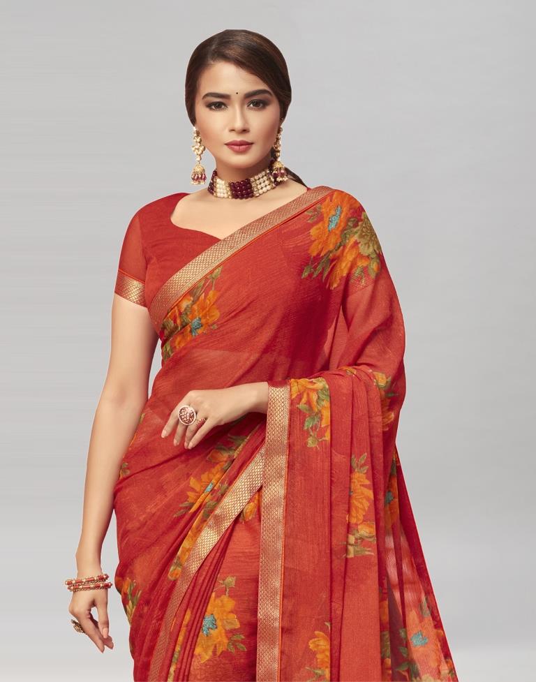 Coral Red Coloured Chiffon Floral Printed Casual saree | Sudathi