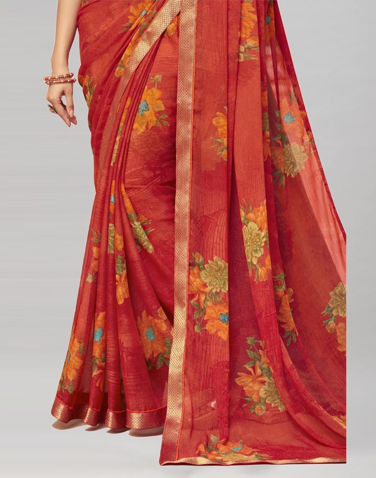 Coral Red Coloured Chiffon Floral Printed Casual saree | Sudathi