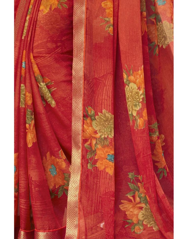 Coral Red Coloured Chiffon Floral Printed Casual saree | Sudathi