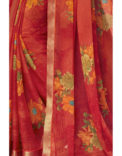 Coral Red Coloured Chiffon Floral Printed Casual saree | Sudathi