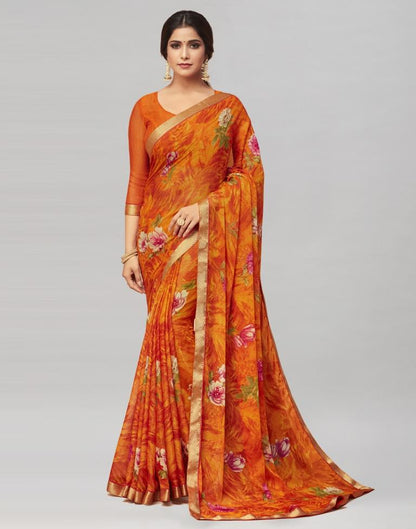 Orange Coloured Chiffon Floral Printed Casual saree | Sudathi