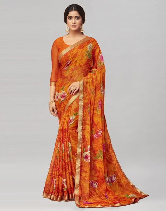 Orange Coloured Chiffon Floral Printed Casual saree | Sudathi