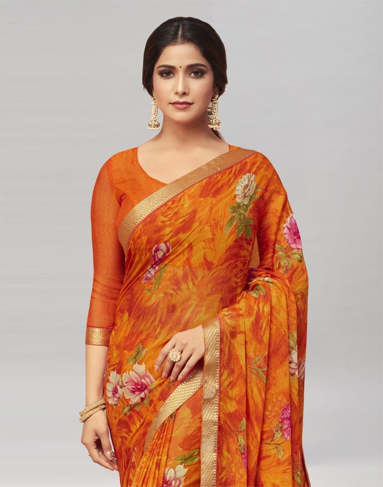 Orange Coloured Chiffon Floral Printed Casual saree | Sudathi