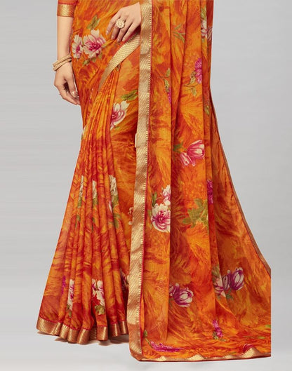 Orange Coloured Chiffon Floral Printed Casual saree | Sudathi
