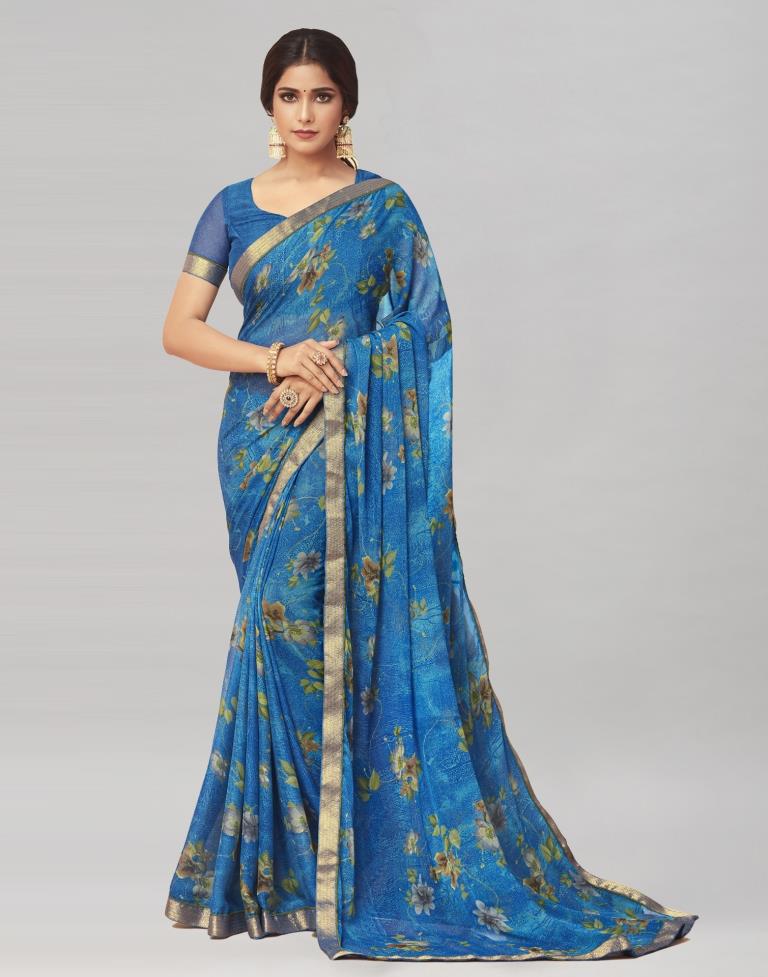 Blue Coloured Chiffon Floral Printed Casual saree | Sudathi