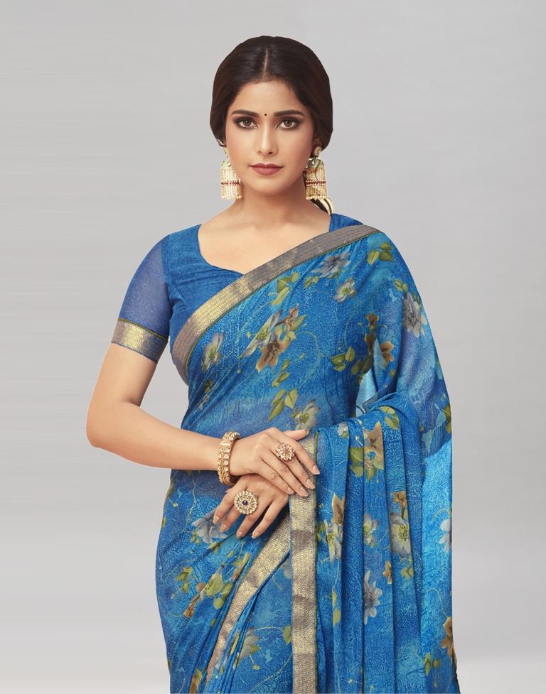 Blue Coloured Chiffon Floral Printed Casual saree | Sudathi