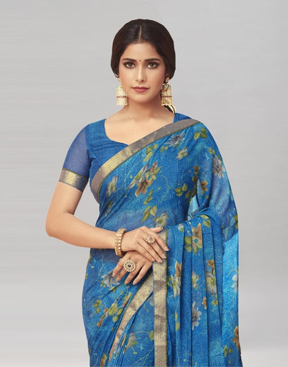 Blue Coloured Chiffon Floral Printed Casual saree | Sudathi