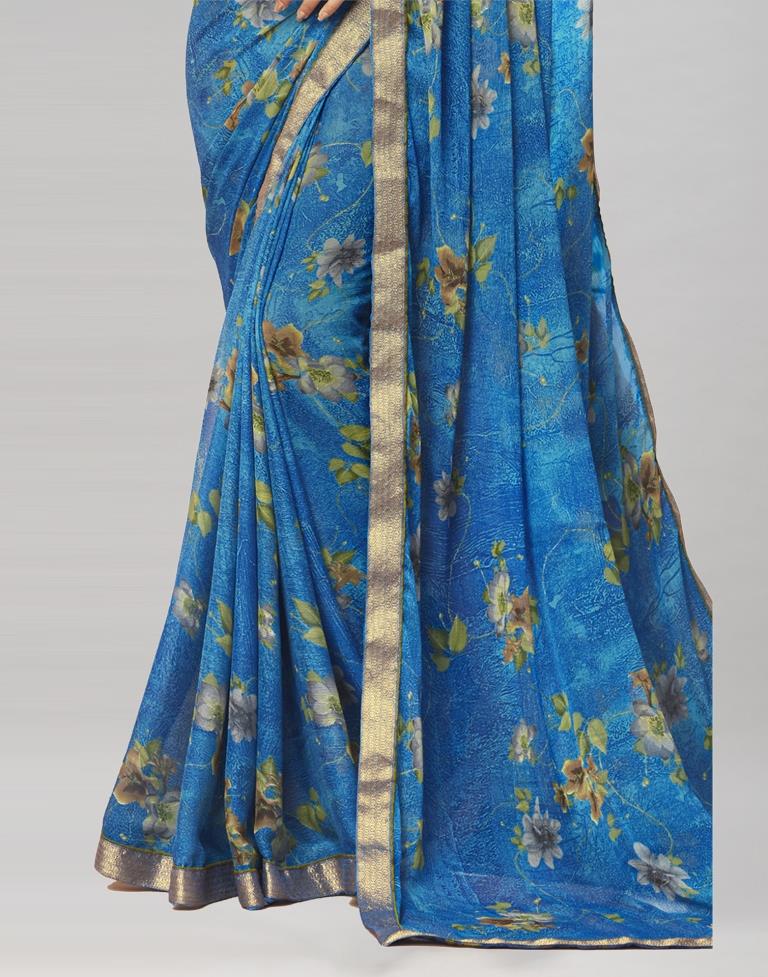 Blue Coloured Chiffon Floral Printed Casual saree | Sudathi