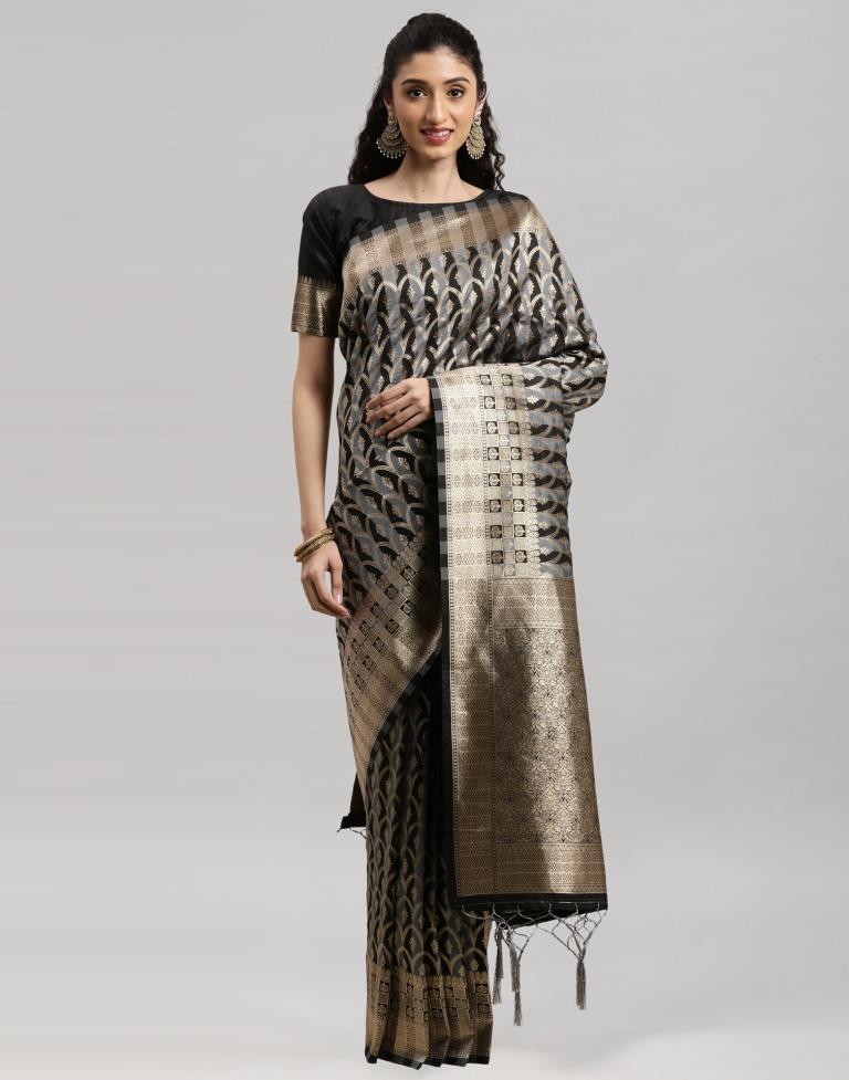 Black And Grey Coloured Poly Silk Banarasi Jacquard Saree | Sudathi