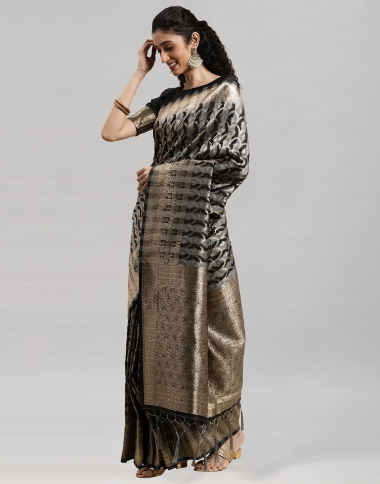 Black And Grey Coloured Poly Silk Banarasi Jacquard Saree | Sudathi