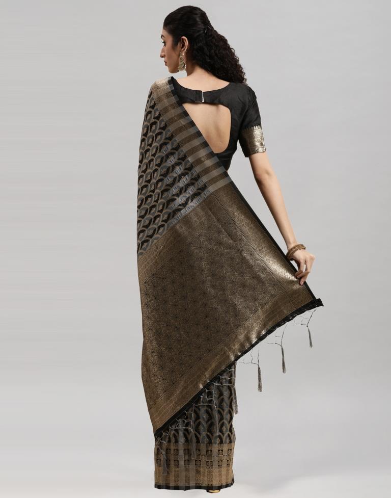 Black And Grey Coloured Poly Silk Banarasi Jacquard Saree | Sudathi