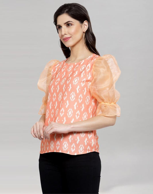 Peach Coloured Summer Cool-Tissue Digital Printed Top | Leemboodi