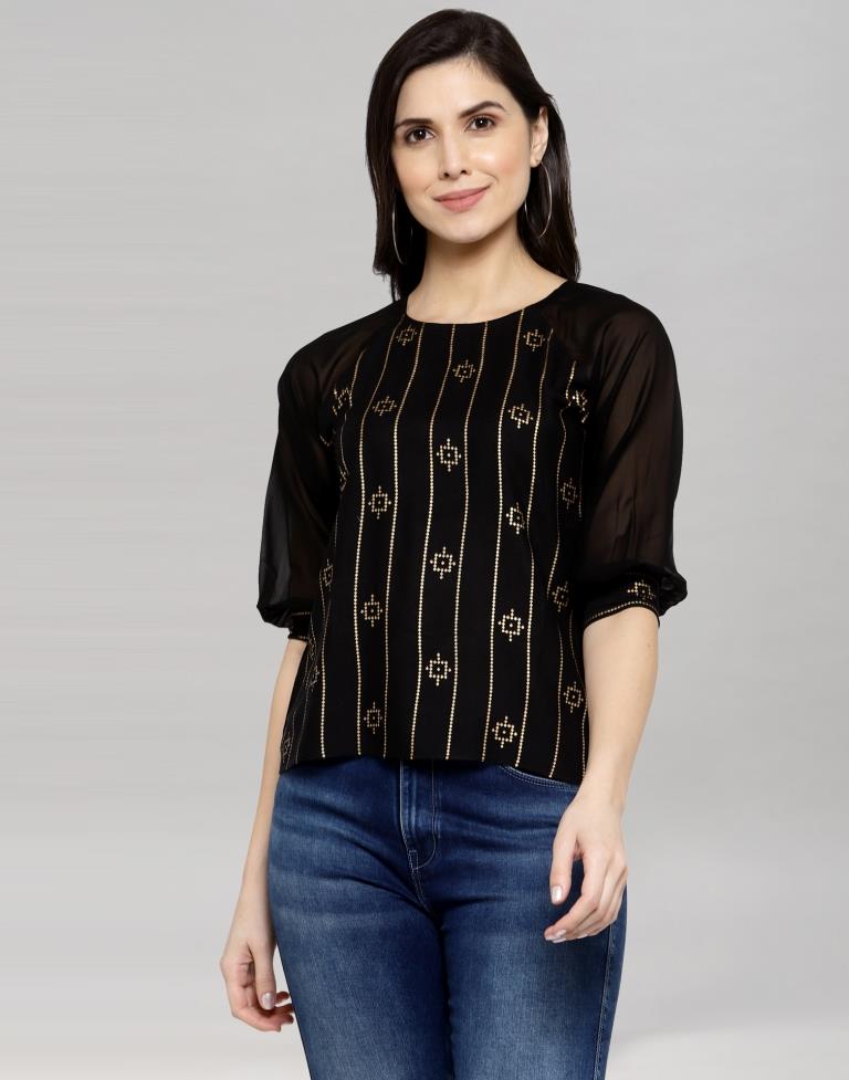 Black Coloured Rayon- Georgette Foil Printed Top | Sudathi