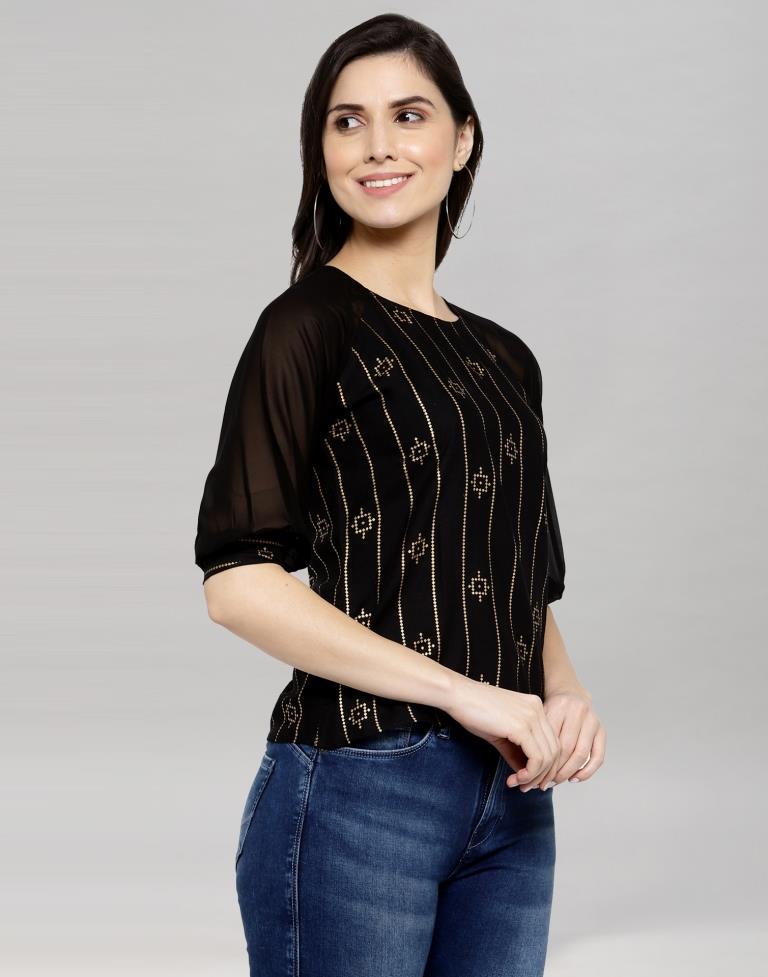 Black Coloured Rayon- Georgette Foil Printed Top | Sudathi