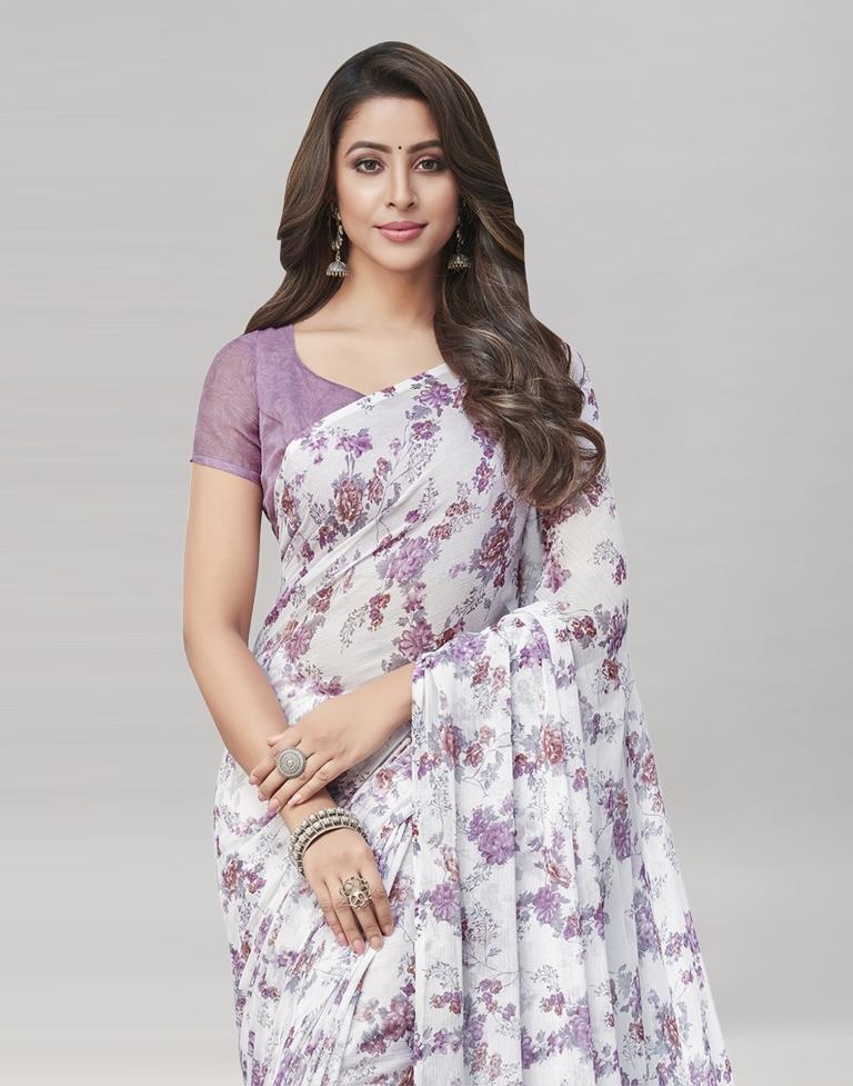 White Coloured Chiffon Floral Printed Casual saree | Sudathi