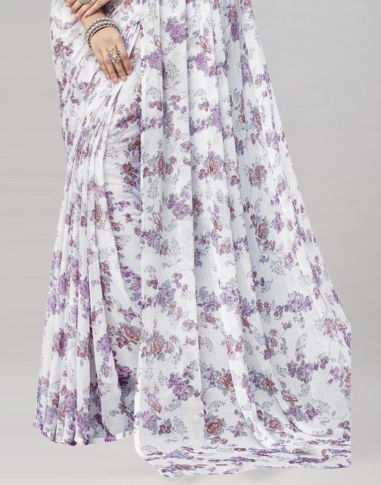 White Coloured Chiffon Floral Printed Casual saree | Sudathi
