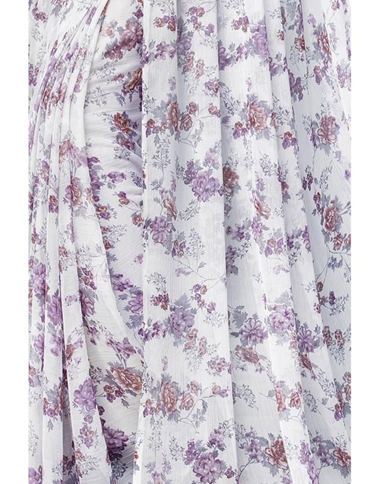 White Coloured Chiffon Floral Printed Casual saree | Sudathi
