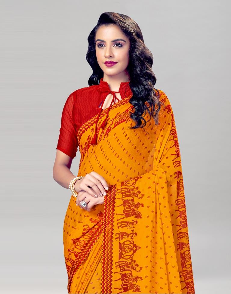 Turmeric Yellow Coloured Chiffon Printed Saree | Sudathi