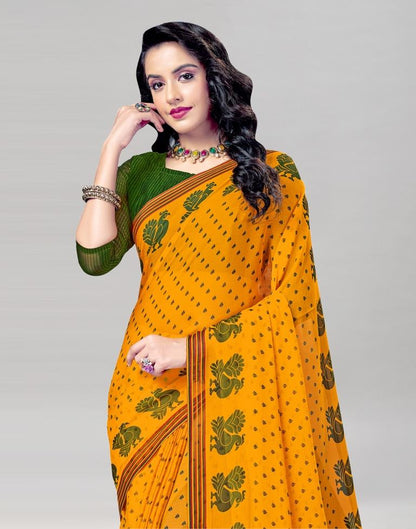 Turmeric Yellow Coloured Chiffon Printed Saree | Sudathi