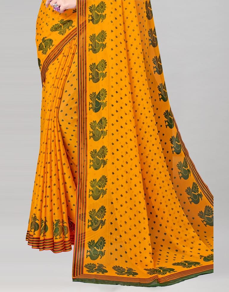 Turmeric Yellow Coloured Chiffon Printed Saree | Sudathi