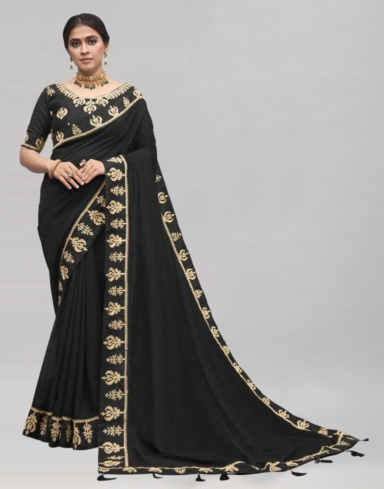 Black Coloured Poly Silk Embroidered Partywear Saree | Sudathi