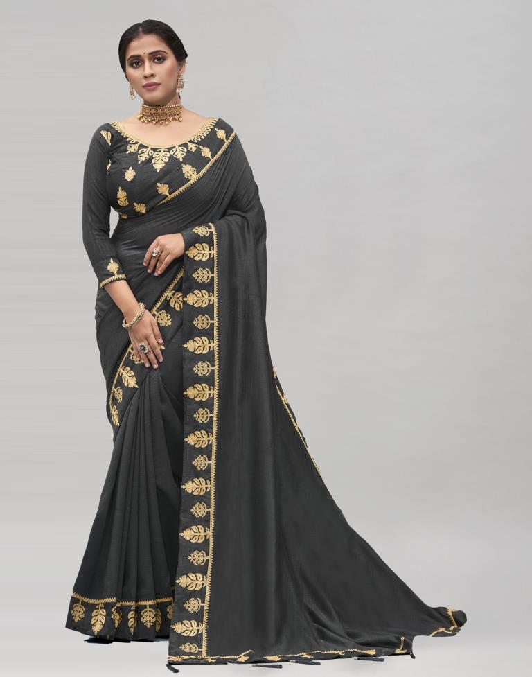 Dark Grey Coloured Poly Silk Embroidered Partywear Saree | Sudathi