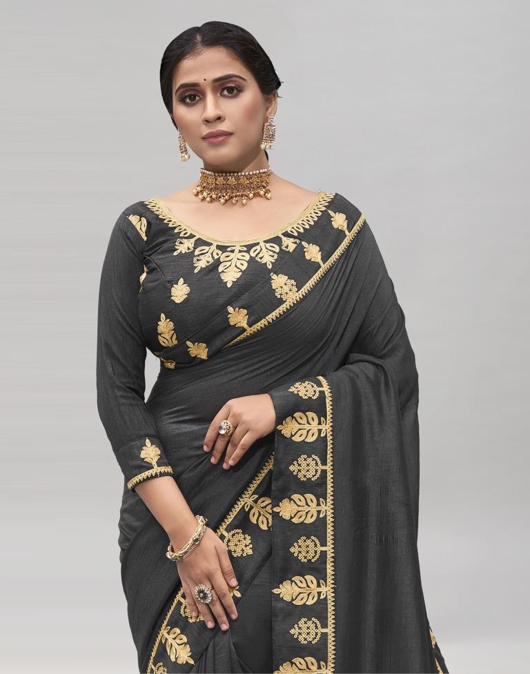 Dark Grey Coloured Poly Silk Embroidered Partywear Saree | Sudathi