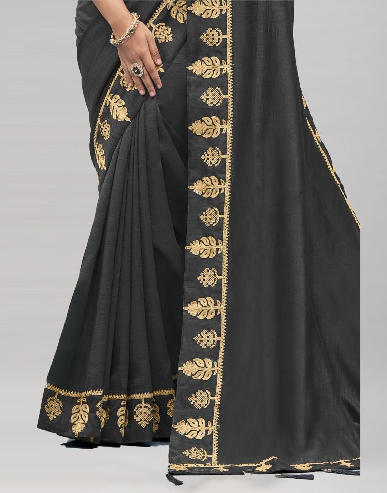 Dark Grey Coloured Poly Silk Embroidered Partywear Saree | Sudathi