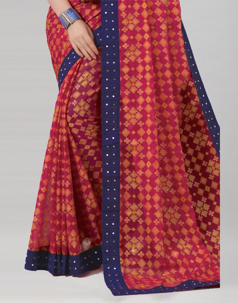 Raspberry Red Coloured Brasso Embroidered Partywear Saree | Sudathi