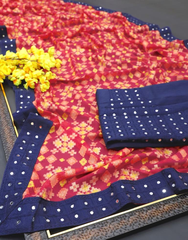 Raspberry Red Coloured Brasso Embroidered Partywear Saree | Sudathi