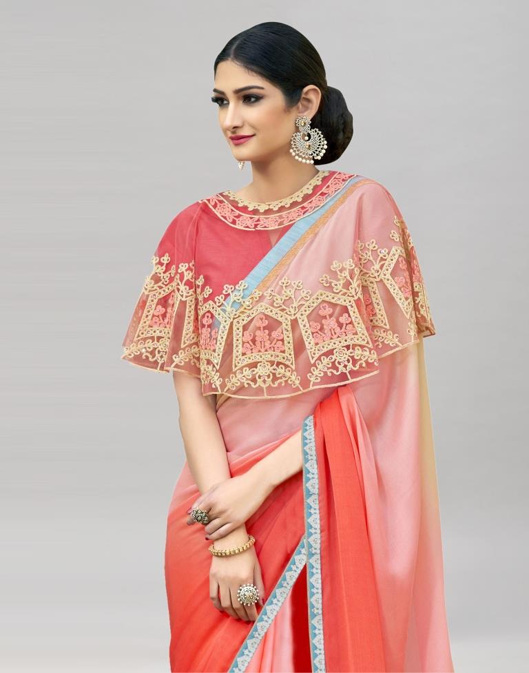 Coral Pink Coloured Chiffon Plain Partywear saree | Sudathi
