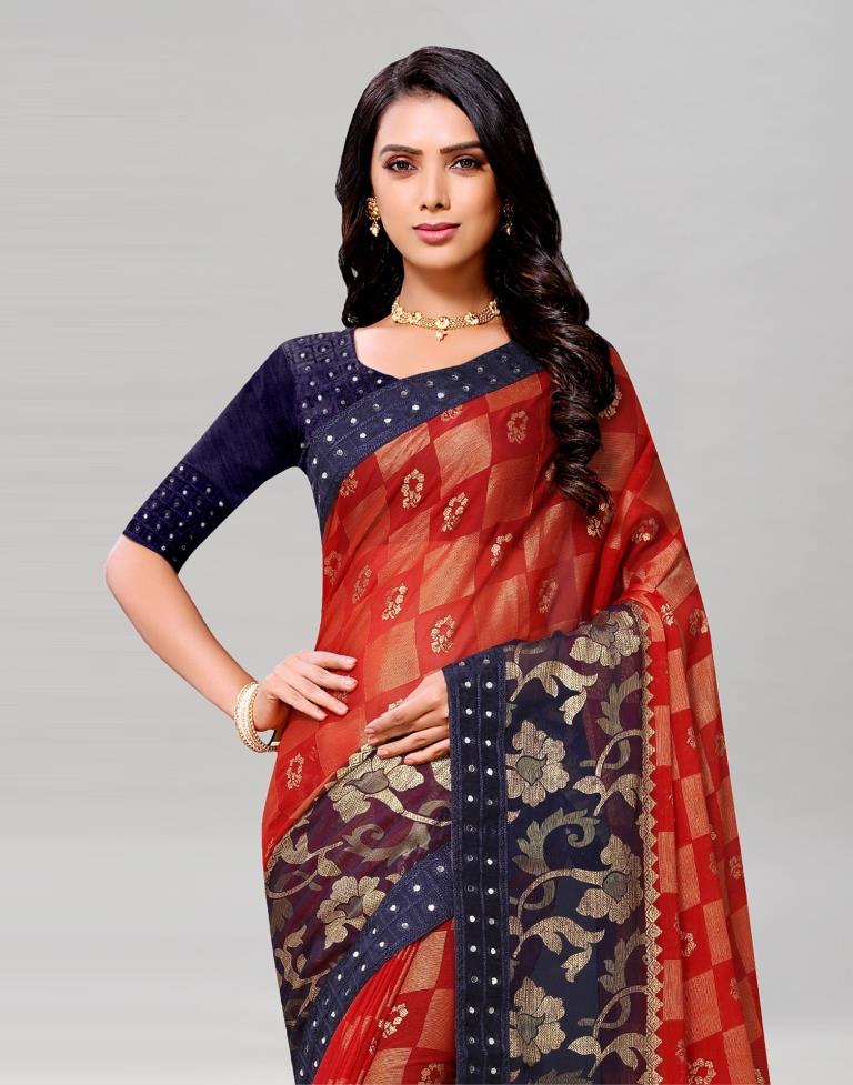 Red Coloured Brasso Embroidered Partywear saree | Sudathi