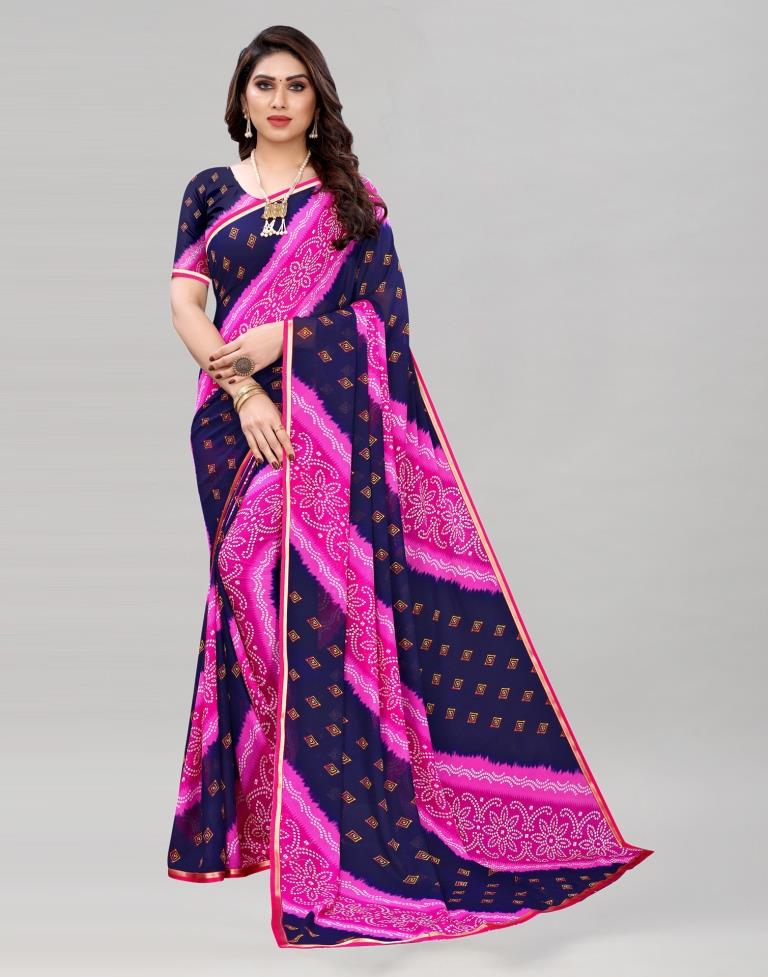 Pink And Navy Blue Coloured Georgette Bandhani Printed Saree | Sudathi