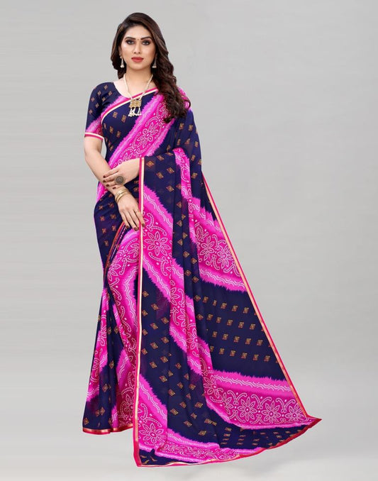 Pink And Navy Blue Coloured Georgette Bandhani Printed Saree | Sudathi