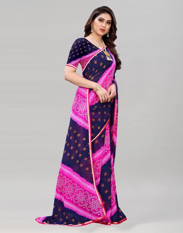 Pink And Navy Blue Coloured Georgette Bandhani Printed Saree | Sudathi