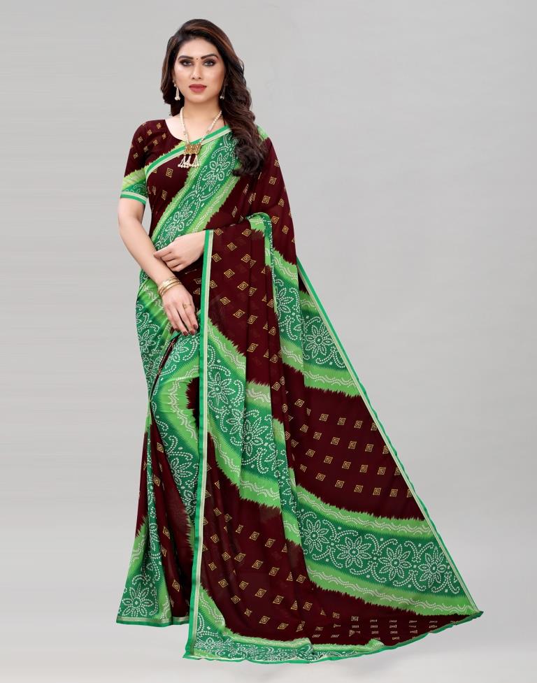 Green And Brown Coloured Georgette Bandhani Printed Saree | Sudathi