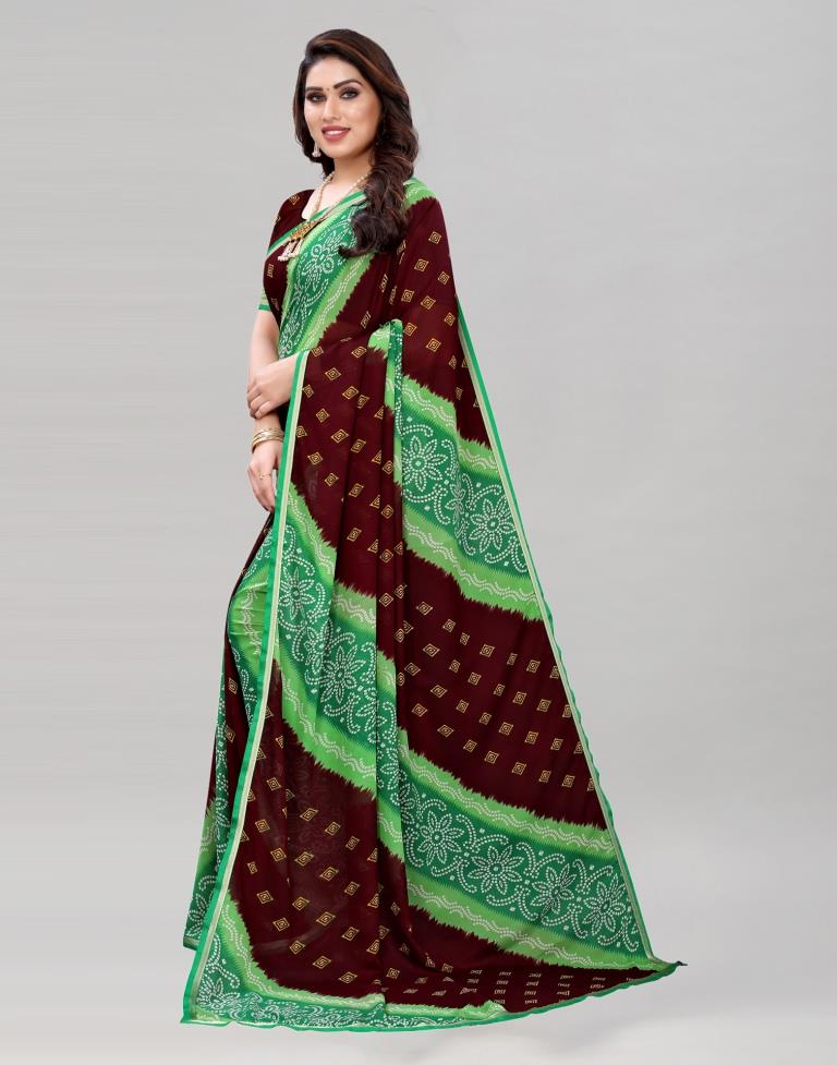 Green And Brown Coloured Georgette Bandhani Printed Saree | Sudathi