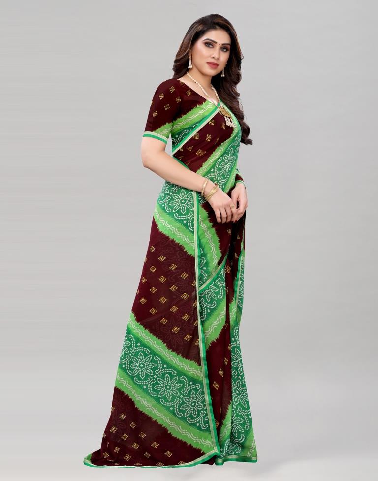 Green And Brown Coloured Georgette Bandhani Printed Saree | Sudathi