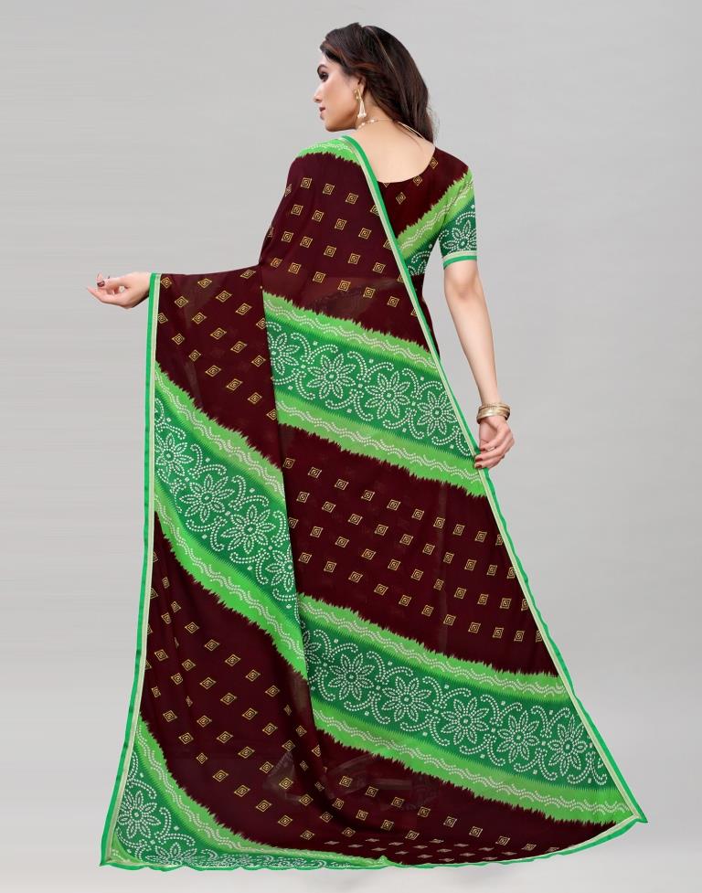 Green And Brown Coloured Georgette Bandhani Printed Saree | Sudathi