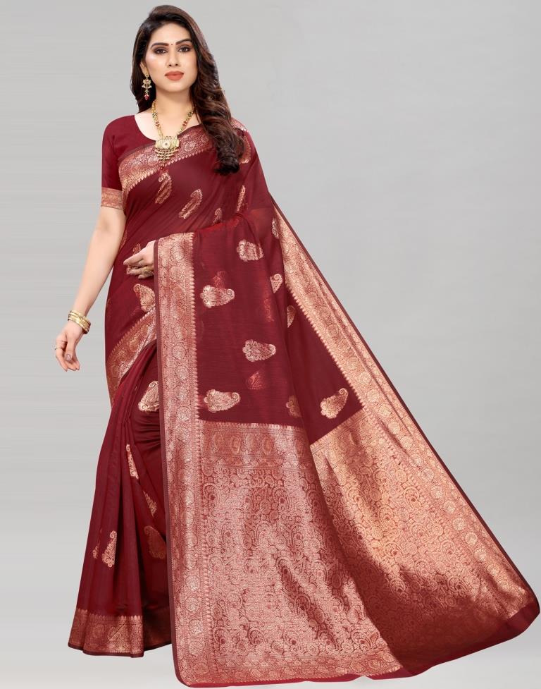 Maroon Coloured Poly Cotton Jacquard Saree | Sudathi