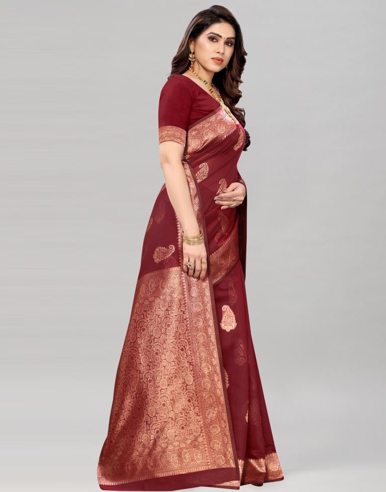 Maroon Coloured Poly Cotton Jacquard Saree | Sudathi