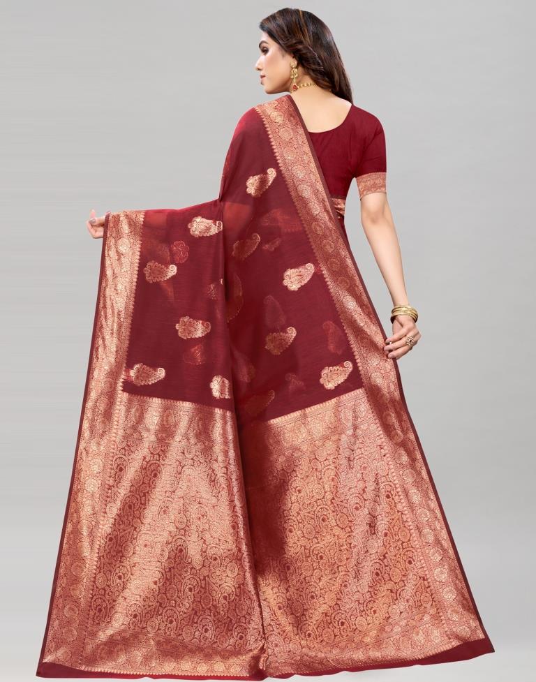 Maroon Coloured Poly Cotton Jacquard Saree | Sudathi