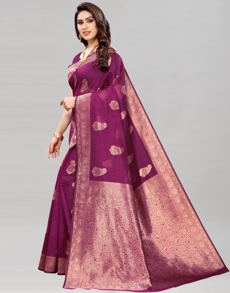 Wine Coloured Poly Cotton Jacquard Saree | Sudathi