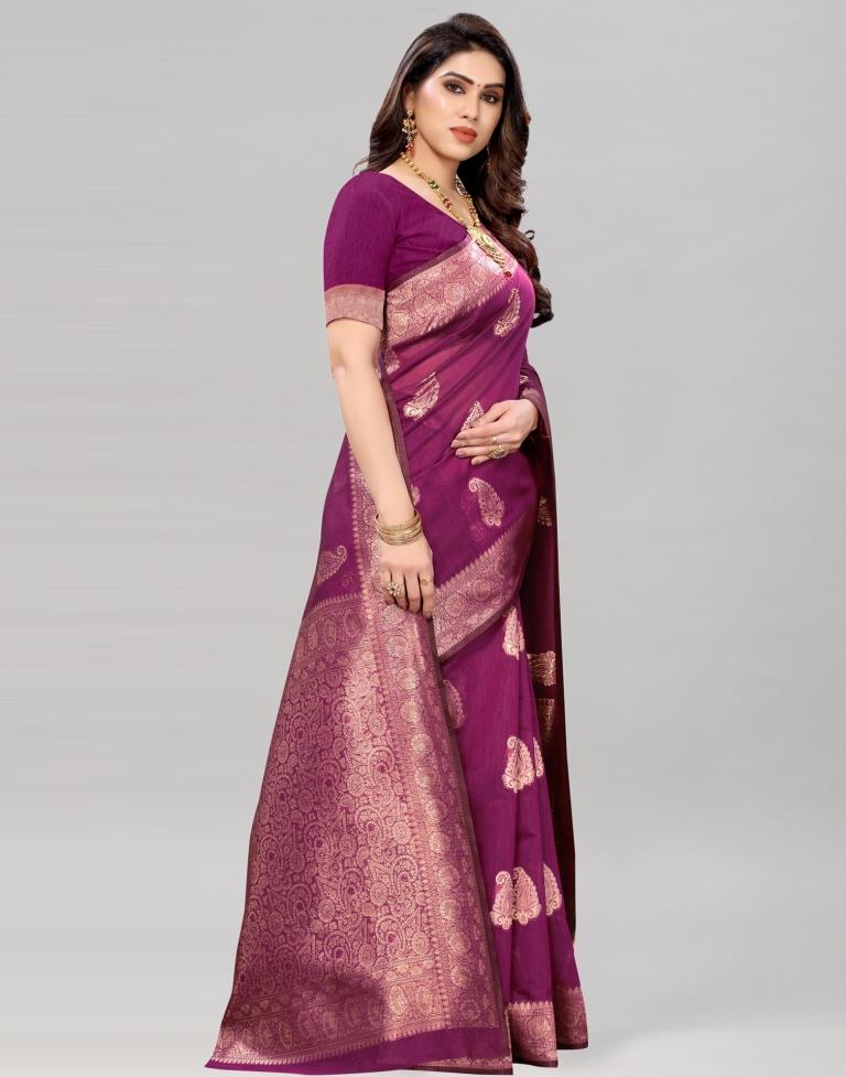 Wine Coloured Poly Cotton Jacquard Saree | Sudathi