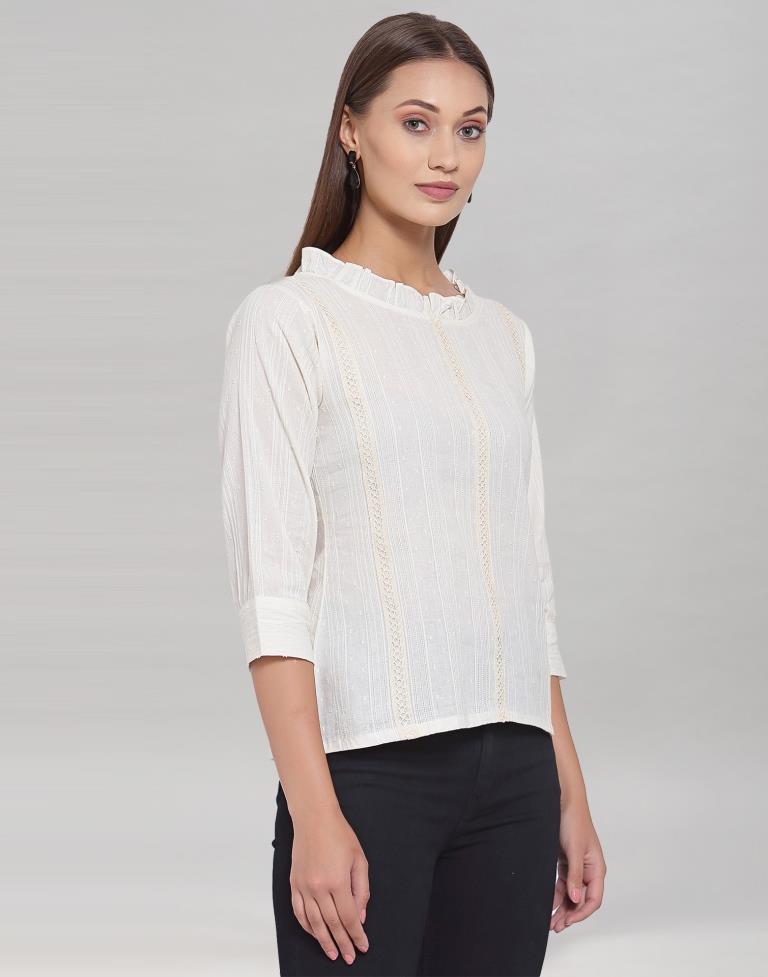 White Colored Cotton Self Woven Top | Leemboodi