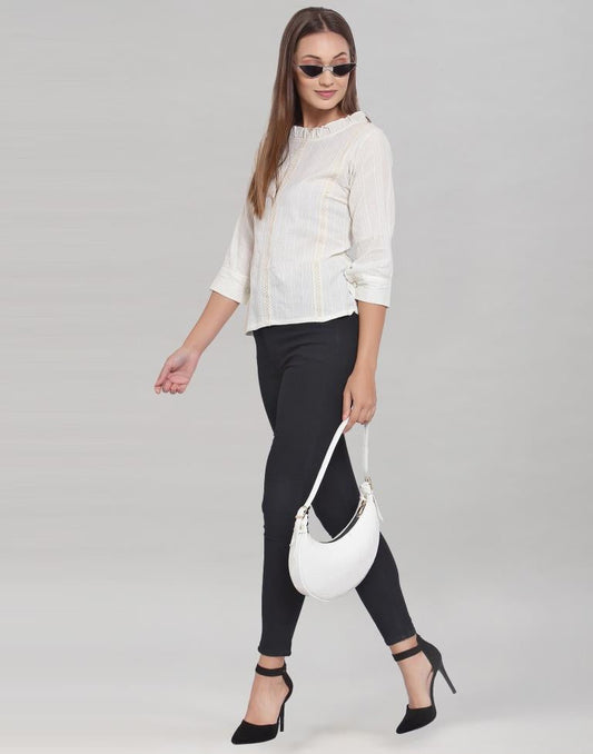 White Colored Cotton Self Woven Top | Leemboodi