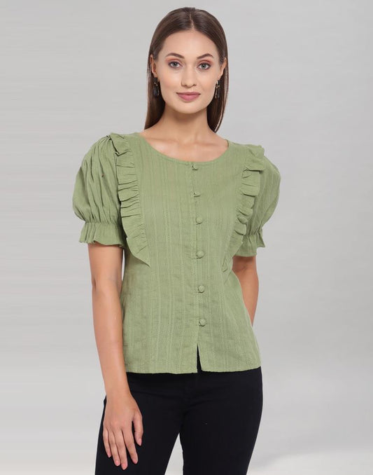 Olive Green Colored Cotton Self Woven Top | Sudathi